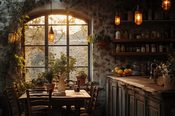 Fototapeta na wymiar a rustic kitchen with wooden furniture and a window