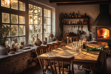 a rustic kitchen with wooden furniture and a window