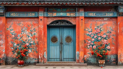 Old wooden door and red flowers on the wall of Chinese temple.