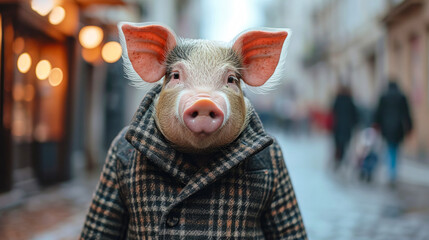 Sophisticated pig graces the urban landscape in tailored fashion, epitomizing street style. The realistic city backdrop sets the stage for this stylish swine, blending whimsy with contemporary eleganc