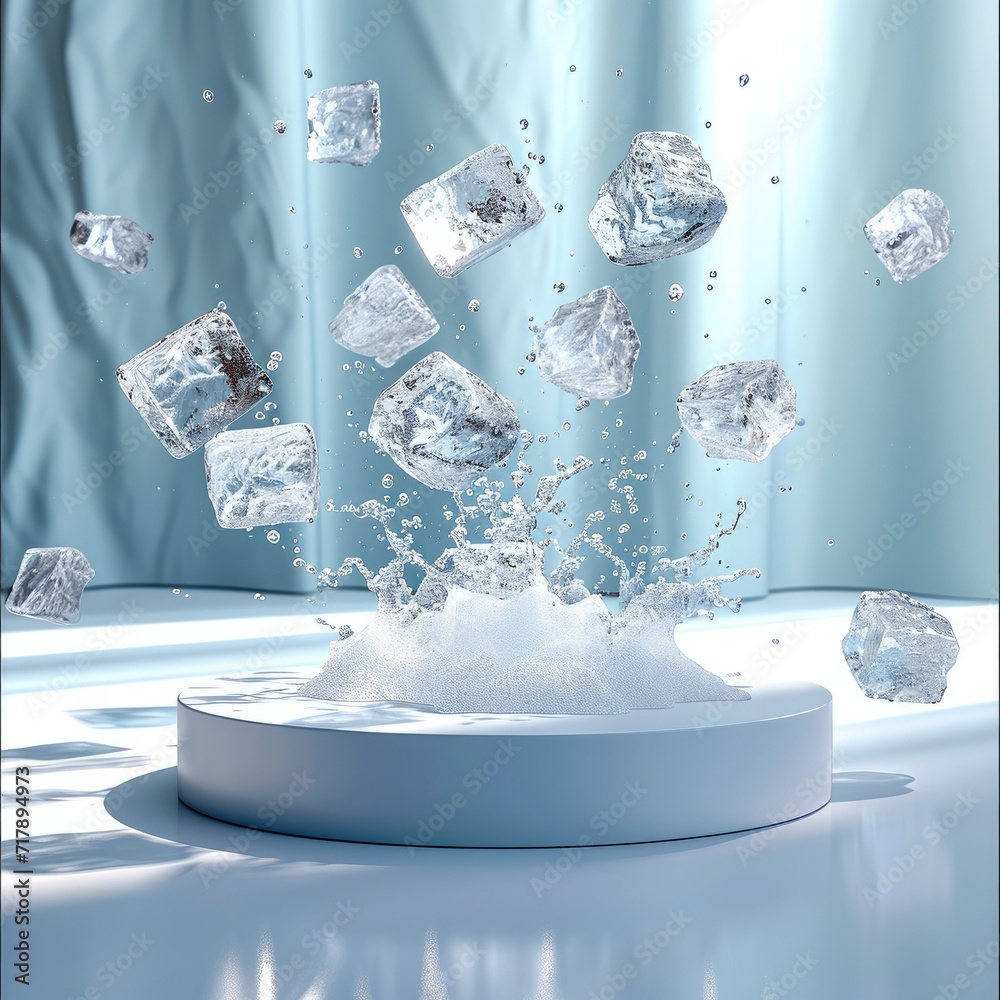 Poster background for product on white podium with ice cubes floating mid air. generative ai.