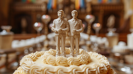 gay wedding cake with 2 grooms figurines on top