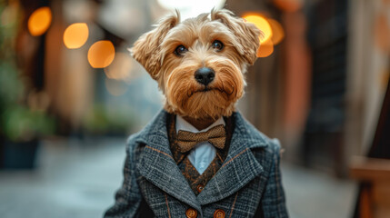Dapper dog strolls through the city streets in tailored fashion, a charismatic blend of street style. Realistic urban scenery frames this chic canine, merging charm with contemporary flair effortlessl - obrazy, fototapety, plakaty