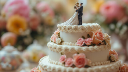 cake with roses and candles and couple figurine on top