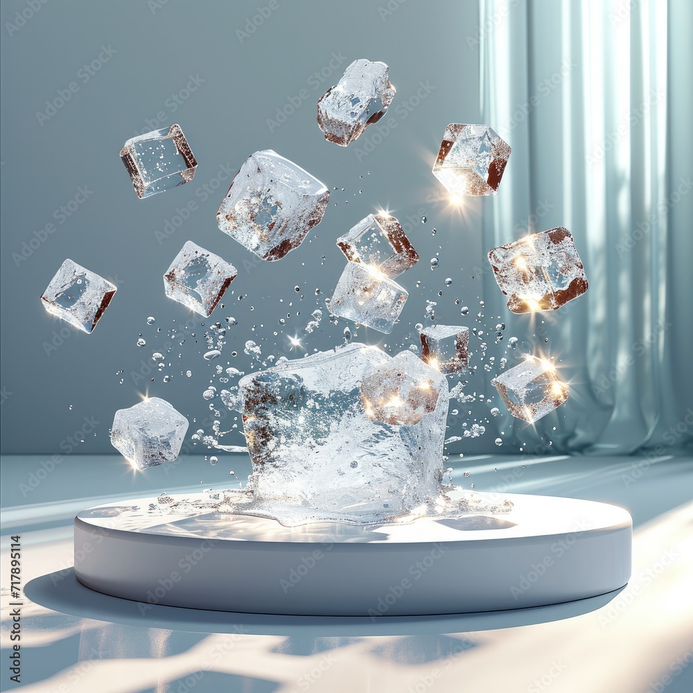 Aufkleber background for product on white podium with ice cubes floating mid air. generative ai.