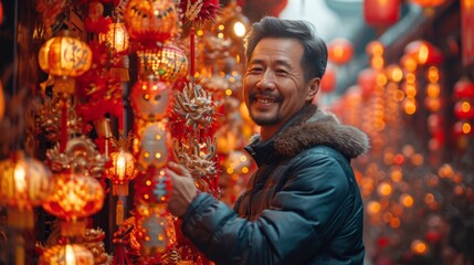 Handsome Asian man choosing chinese lanterns at the street market