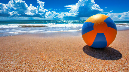 Obraz premium Summer Beach with Colorful Volleyball, Sandy Sea Landscape, Leisure and Vacation, Blue Sky and Water, Sport and Play, Tropical and Sunny Coast, Outdoor and Holiday Scene