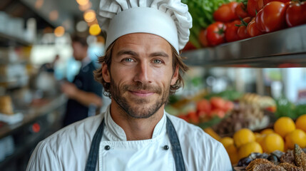 Confident Caucasian Chef in Restaurant Kitchen, Posing with Pride and Expertise while Holding Fresh Vegetables