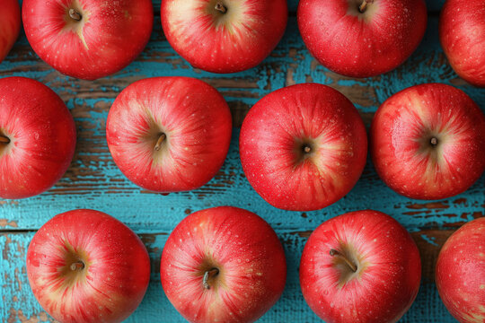 Tasty red apples on a blue wooden background. Background image. Created with Generative AI technology