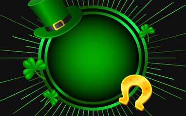 Vector illustration shining background with clovers, Leprechaun Top Hat, horseshoe and round banner for St Patricks day design