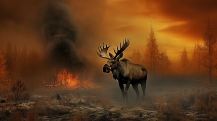 Against a backdrop of destruction, a moose stands tall