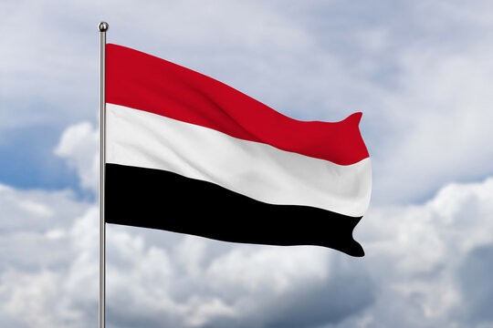 Yemen flag on sky background. 3D illustration