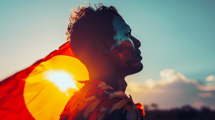 Double exposure portrait of Indigenous Australian man blended with colors of Aboriginal flag