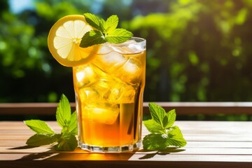 Fototapeta premium Quench your thirst with this refreshing glass of lemon iced tea under the warm summer sunshine