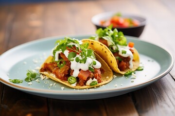 chorizo tacos with a dollop of sour cream and chives - obrazy, fototapety, plakaty