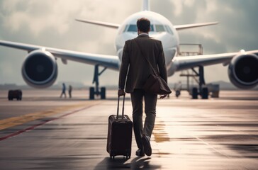 Airplane on the runway. A group of people with suitcases board a plane. The concept of travel, flight, vacation, work trips. Flight at sunset.