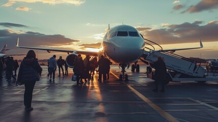 Airplane on the runway. A group of people with suitcases board a plane. The concept of travel, flight, vacation, work trips. Flight at sunset. - obrazy, fototapety, plakaty