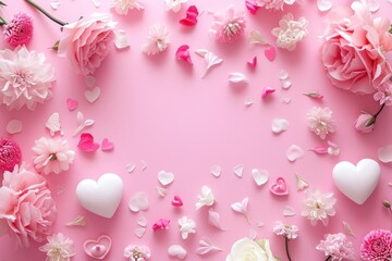 Valentine's day A delicate arrangement of pink and white spring flowers borders the left edge of a soft pink background, providing a fresh and serene space for messages. Ai generate