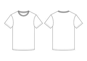 Vector fashion technical drawing of a T-shirt with front and back view. Ribbing details at neck area. Crew Neck. Knit fabric.
