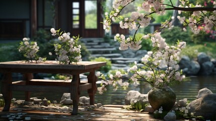Fototapeta na wymiar japanese garden with flowers and garden