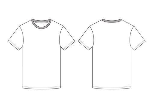 Vector fashion technical drawing of a T-shirt with front and back view. Ribbing details at neck area. Crew Neck. Knit fabric.