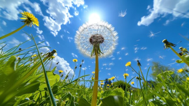 Dandelion view from below against a blue sky. Beautiful puffy air flower