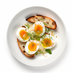 Soft-boiled eggs With Anchovy Toast on a plate isolated on a white background are in the top view