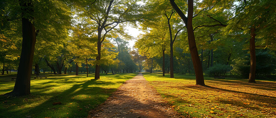 Public park with large trees, green grass field, walk path track
