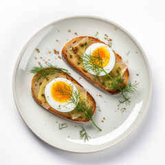 Soft-boiled eggs With Anchovy Toast on a plate isolated on a white background are in the top view