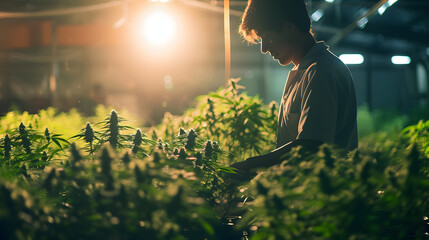 man marijuana researcher checking marijuana cannabis plantation in cannabis farm, Business agricultural cannabis. Cannabis business and alternative medicine concept., Hypnotic, Dark Paradise, - obrazy, fototapety, plakaty