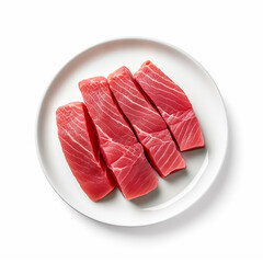 Tuna Fish is in the top view on a plate isolated on a white background