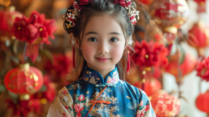 Portrait of asian child girl wearing traditional cheongsam costume.
