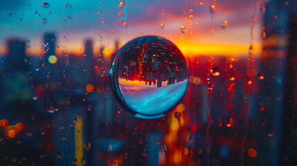 A close-up of a water droplet on a window pane refracts the world outside, distorting and amplifying the urban landscape into an abstract, ethereal mosaic - obrazy, fototapety, plakaty
