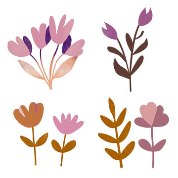 Clipart de plantas e flores nas cores rosa, bege e laranja isolado no fundo branco