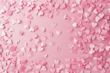 Obraz premium Valentine's day Soft pink roses and hearts delicately scattered on a pastel pink background create an elegant and romantic atmosphere with ample space for adding text. Ai generate