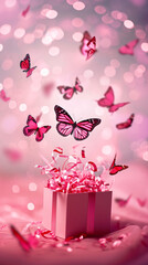 Butterflies fly out of a gift box on a pink blurry