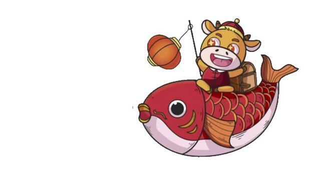 Cartoon image of a Chinese boy riding a fish