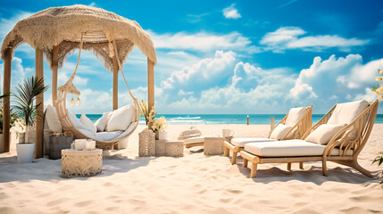 Idyllic Beach Vacation, Relaxation on Sandy Shore, Blue Ocean and Sky, Tropical Island Getaway,...