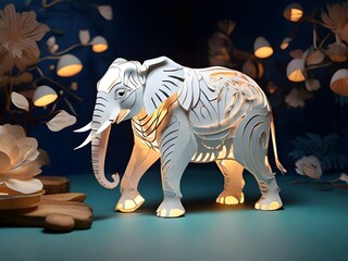 A radiant elephant, surrounded by delicate paper art, a harmonious blend of luminosity and intricate design.