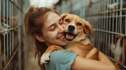 A happy female help adopt a dog from dog rescue shelter. A dog is happy.

