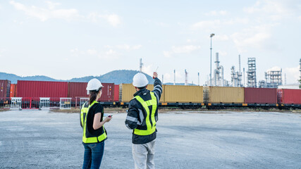 Team of engineer railway wearing safety uniform and helmet under checking train ,wheels and control system for safety transportation. Maintenance cycle concept.