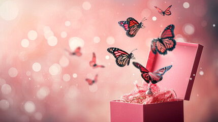 Butterflies fly out of a gift box on a pink blurry