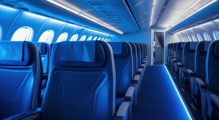 Airplane interior inside. Seats and passenger areas for business and economy class aircraft. Passengers travel in comfort.