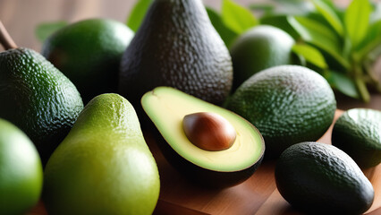 Abundance of avocados on the table. Greens and healthy foods with all the necessary nutrients and vitamins