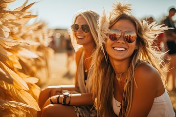 Two girls wearing sunglasses at a festival