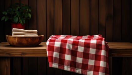 Wooden table with a red and white towel