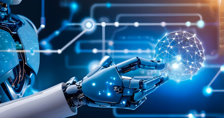 Machine learning, Hands of robot and human touching on big data network connection background, Science and artificial intelligence