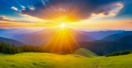 Panorama of sunset in the mountains with forest, green grass and big shining sun on dramatic sky