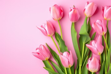Obraz premium Valentine's day A row of fresh pink tulips gracefully aligned along the bottom edge of a soft pastel pink background, offering a delicate and clean design with space for text above. Ai generate