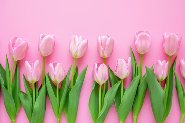 Valentine's day A row of fresh pink tulips gracefully aligned along the bottom edge of a soft pastel pink background, offering a delicate and clean design with space for text above. Ai generate